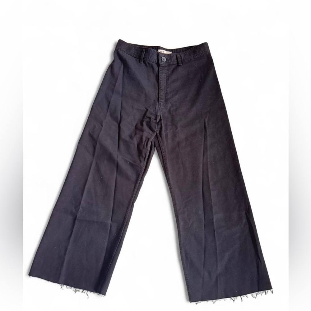 ZARA Womens Black Wide Leg Raw Hem Pants Size 14 Minimalist Casual Street Style - Picture 1 of 5
